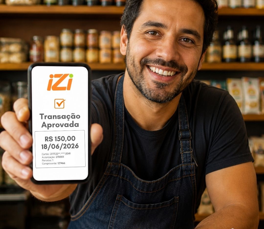 Lojista sorrindo, segurando o celular com uma transação aprovada no app iZi