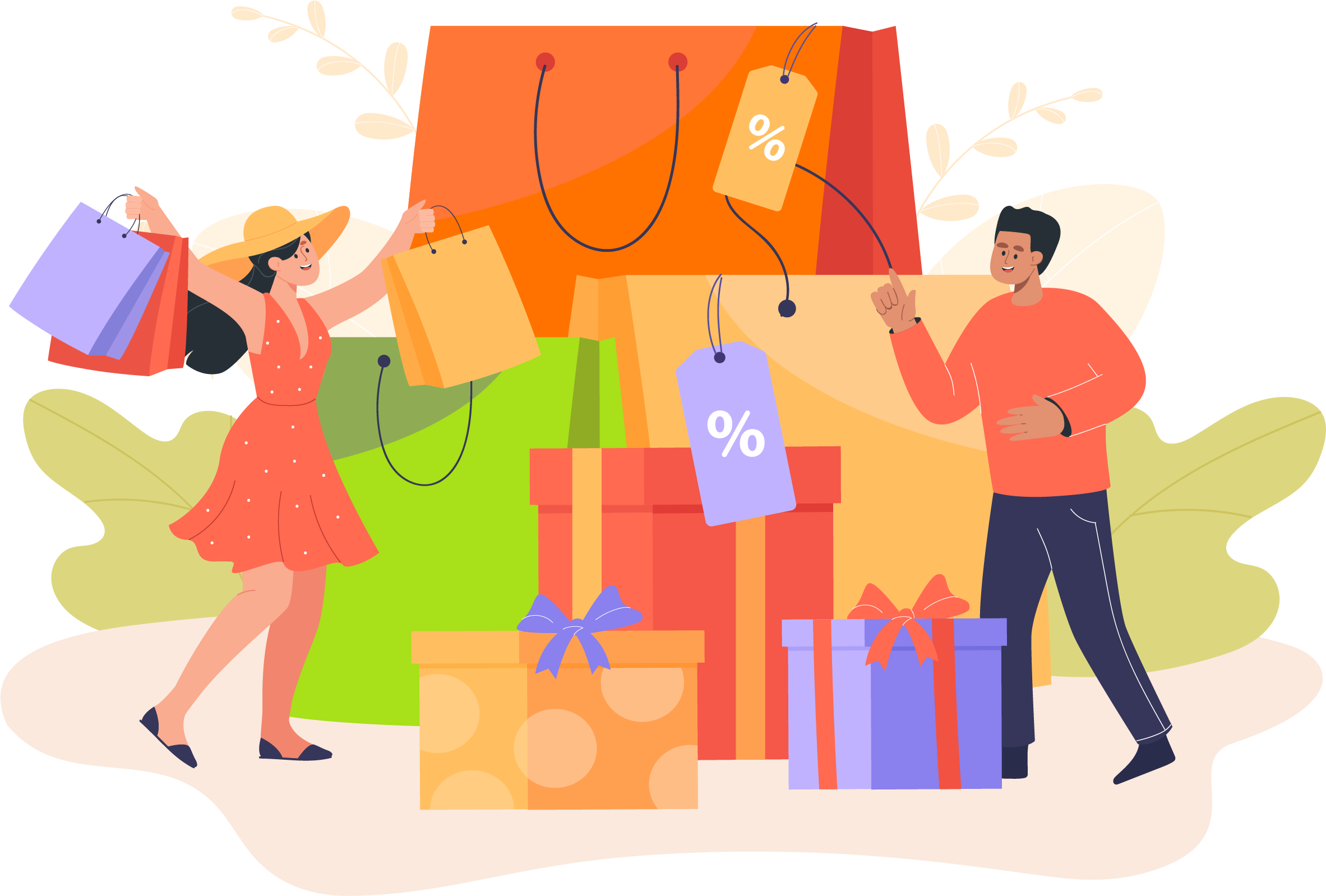 Ilustração: pessoas comemorando compras com sacolas, caixas de presente e etiquetas de desconto