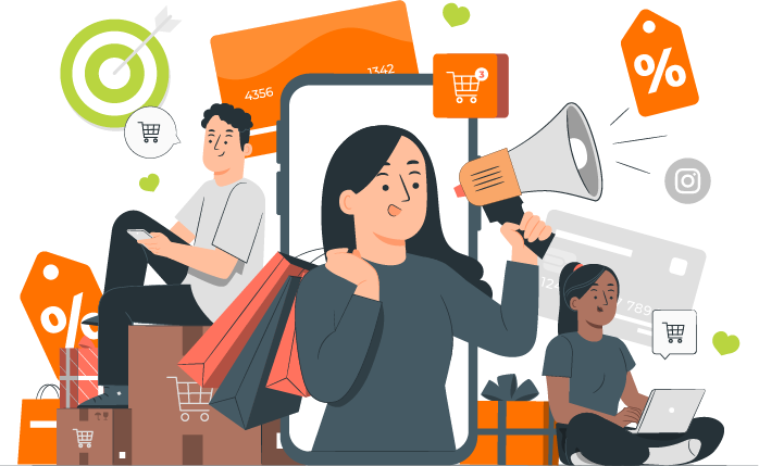 Ilustração: pessoas às compras com celular, cartão, carrinho e etiquetas de desconto