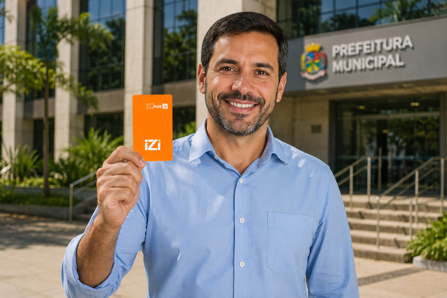 Servidora pública sorrindo e segurando o cartão iZi em frente a um prédio público